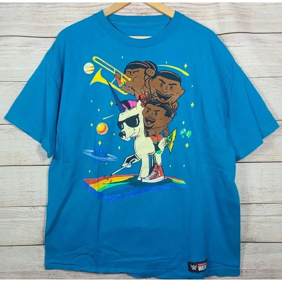 WWE Authentic The New Day T-Shirt Mens XL Blue Kofi Kingston Big E Unicorn Space - Picture 1 of 5